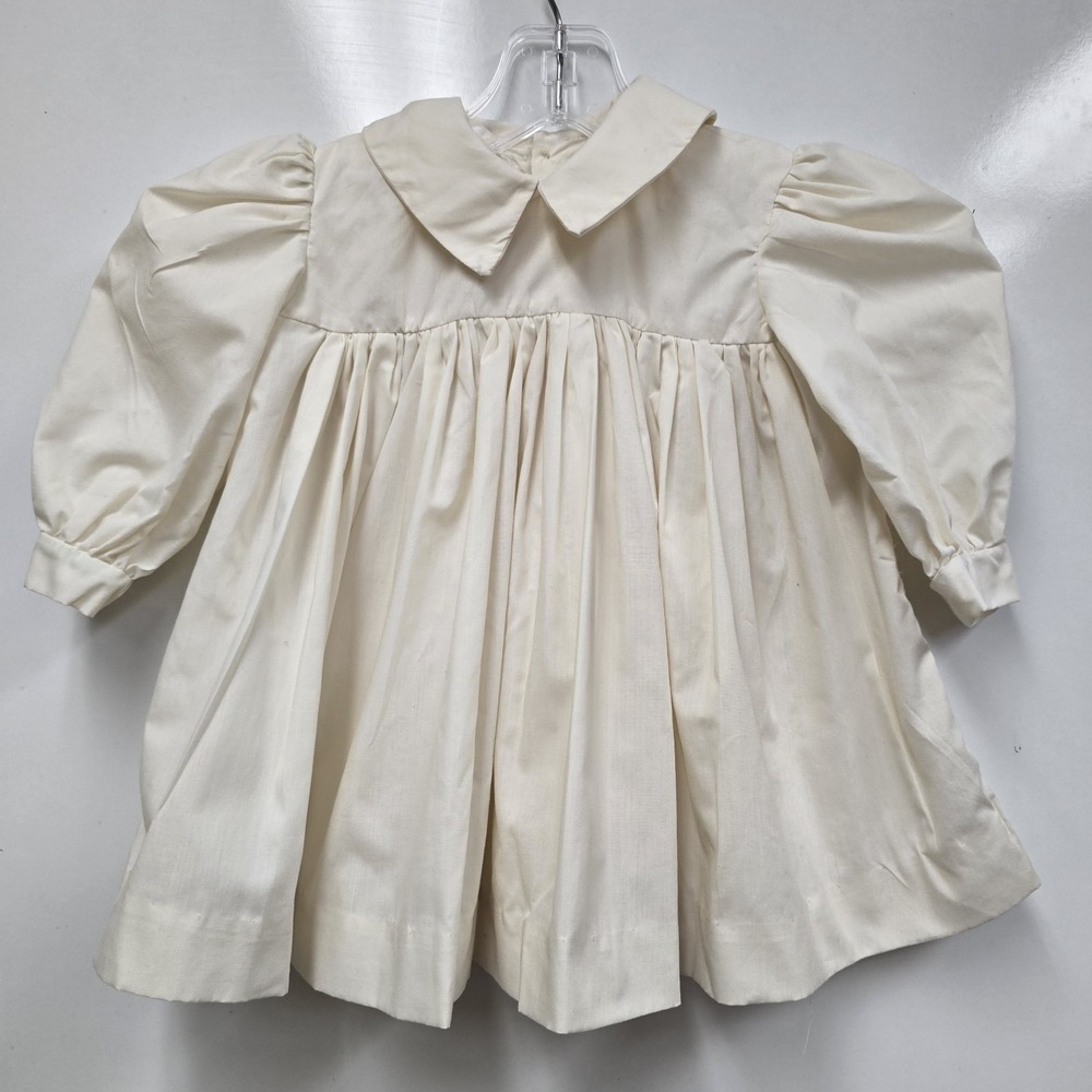 Vintage‎ Handmade Ivory Cream Baby Girl Collared  Dress Puffy Sleeves